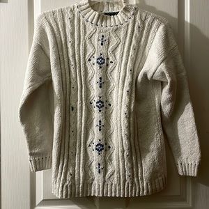 Vintage Liz Wear Cream and Blue Chunky Knit Cable Knit Pointelle Sweater Size S